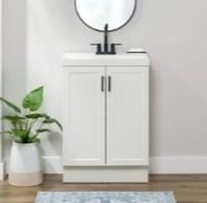 lot 30696 image: Penlee 25 in. Single Sink White Bath Vanity with White Cultured Marble Top  - Retail $199
