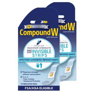 lot 31340 image: Compound W Maximum Strength One Step Wart Remover Strips with Salicylic Acid, Waterproof Wart Removal Bandages, 14 Count, Pack of 2