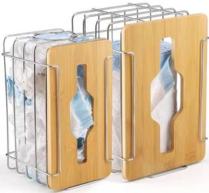lot 31380 image: 2 Pack Trash Grocery Bag Holder Wall Mounted Design, Silver Extra Large Plastic Garbage Bag Dispenser Holder with Bamboo Lid, Kitchen Organizers and Storage Container Under Sink Large Capacity