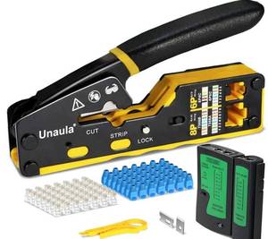 lot 31384 image: RJ45 Crimp Tool Kit, Ethernet Pass Through Crimper, Network Tool Kit, Cat5 Cat5e Cat6 Crimping Tool Repair Kit Includes Cable Tester, Mini Stripper, Blades, 50Pcs Connectors and Strain Relief Boots
