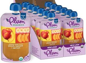 lot 31385 image: Best by February 5th 2026 Plum Organics Stage 2 Organic Baby Food - Peach, Banana, and Apricot - 4 oz Pouch (Pack of 12) - Organic Fruit and Vegetable Baby Food Pouch