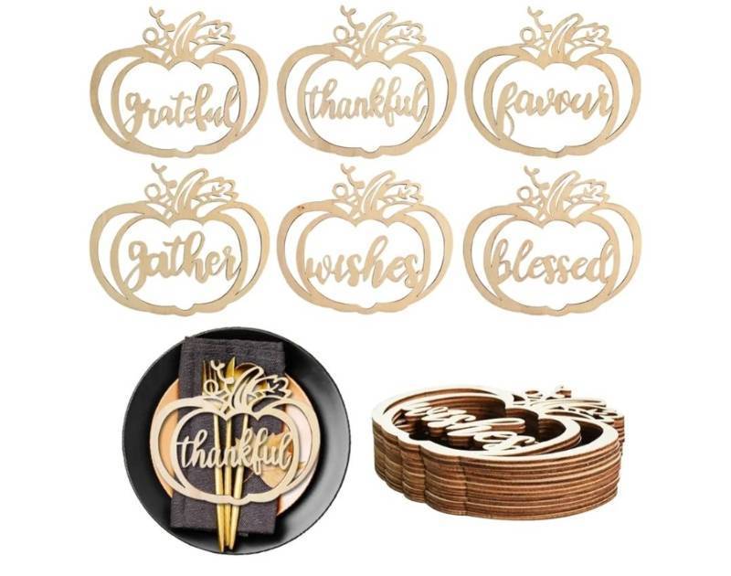 lot 14959 image: 12pcs Thanksgiving Wooden Plate Decor Thankful and Wishes Cutout,Slices Cutouts Cards Signs Pumpkin Shaped Design Tabletop Decor for Home Kitchen Table Family Party Decoration 2 Pack