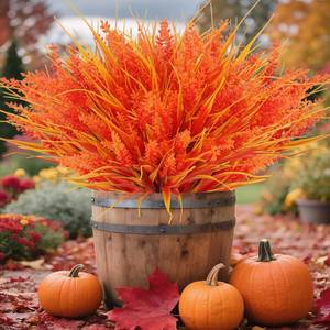 lot 492 image: Geegoods 24 Bundles Artificial Fall Flowers Outdoor&nbsp Faux Lavender Flowers with Monkey Grass UV Resistant Plastic Faux Plants for Garden Porch Patio Home Decor, Autumn Color