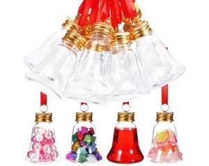 lot 471 image: GLEAVI 12pcs Christmas Fillable Bell Ornaments, 50ml Clear Plastic Booze Balls with Screw Caps & Red Ribbons, Fillable Ball Bottles for Drinks, Candy & DIY Xmas Party Decorations - Retail $0