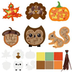 lot 7020 image: Bafeil Fall Thanksgiving Window Art Craft KitTissue Paper Stickers DIY Set with Maple Leaf Turkey Pumpkin Owl Acorn Squirrel for Autumn Home &amp Classroom Decorations 5 Pack