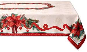 lot 7032 image: YiHomer Poinsettia Ribbon Engineered Printed Fabric Christmas Tabletop for Xmas Winter Holiday, Christmas Time, Tablecloth, 52 x 70 Rectangle 2 Pack