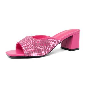 lot 500 image: NEWBELLA Womens Crystal Embellished Sandals - Square Toe Slip-on with Chunky Mid Heel, Comfortable Heeled Mule Slides for Daily Wear &amp Office, Hot Pink 7