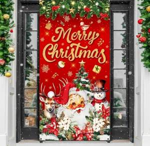lot 7042 image: Vintage Christmas Decoration Merry Christmas Door Cover Red Gold Santa Snowman Reindeer Backdrop Front Door Decor for Xmas Party Holiday Home Garage Classroom Indoor Outdoor House Porch Sign Supplies&nbsp