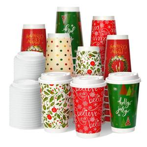 lot 501 image: Nihuecne 50 Pack 16 oz Christmas Disposable Coffee Cups with Snap-on Lids - for Hot or Cold Drinks, Paper Coffee Cups for Xmas Holiday Table Decorations Party Supplies, 5 Assorted Christmas Styles&nbsp