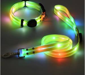 lot 9012 image: Rirool Glow Dog Collar &amp Leash Set, Adjustable LED Collar 21in Leash, 3 Light Modes, Quick Charge, Night Safety WORKS