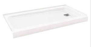 Aloha ShowerCast 60 in. L X 32 in. W Alcove Shower Pan Base in White with Square Chrome Right Drain - Retail: $309