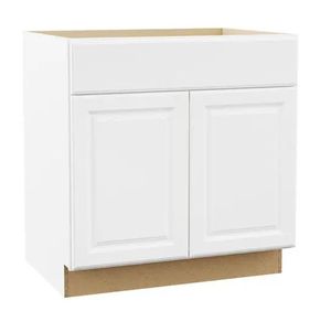 lot 30766 image: Hampton 33 in. W x 24 in. D x 34.5 in. H Assembled Sink Base Cabinet in Satin White - Retail $258