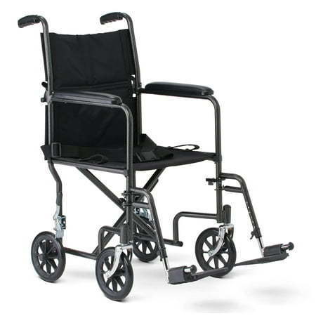 lot 14393 image: Medline Durable Folding Steel Transport Wheelchair with Swing-Away Footrests  19-Inch Seat Width  Black Frame  Black Upholstery - Retail $123