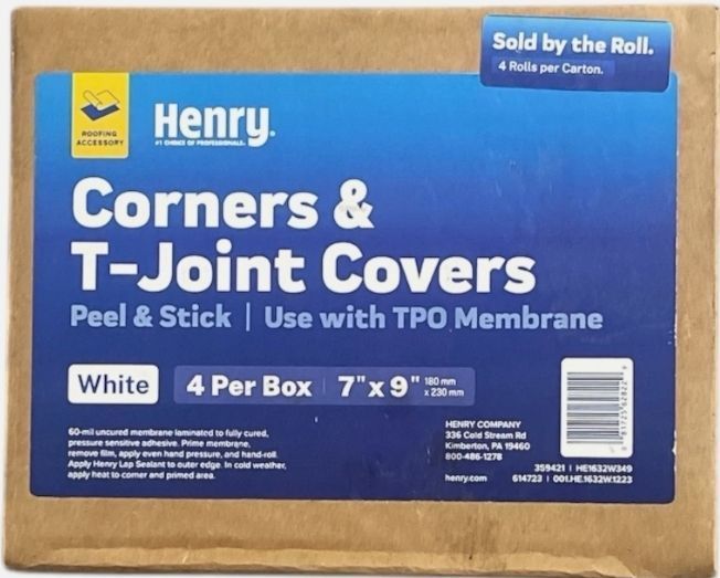 lot 30218 image: Pack of 2, Henry 7 x 9 Single-Ply Self-adhering Roofing Corners & T-Joint Covers.(4 Ct) - Retail $140