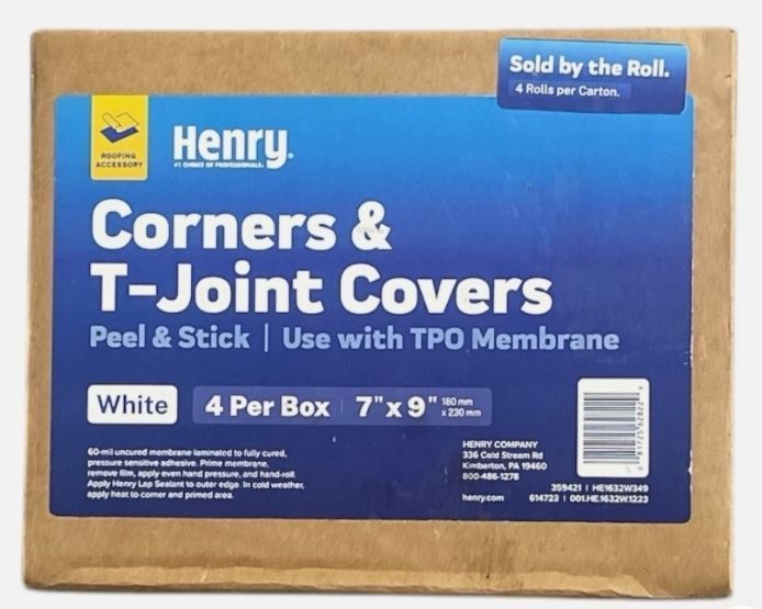 lot 30348 image: Pack of 3, Henry 7 x 9 Single-Ply Self-adhering Roofing Corners & T-Joint Covers.(4 Ct) - Retail $200