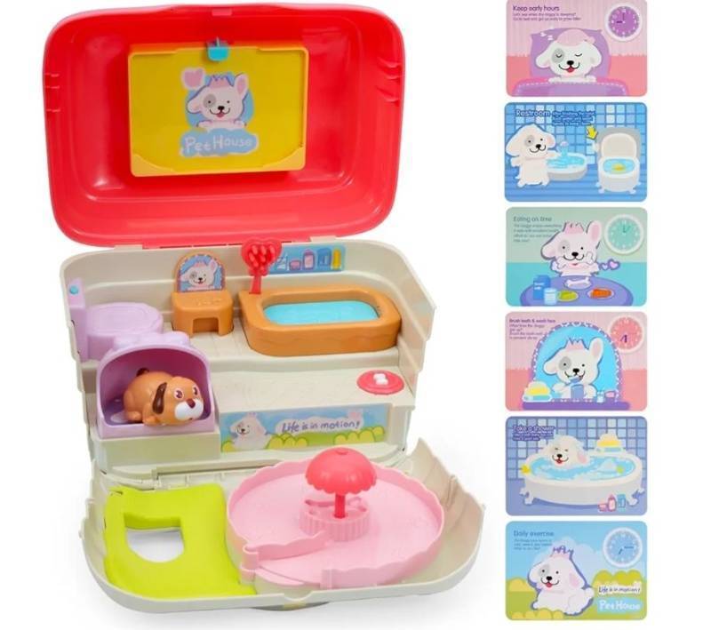 lot 31050 image: Interactive Pet House Toy for Kids Ages 3, Musical Doggy Playset with 6 Habits, Fun Sounds & Lullaby, Running Puppy, Shower, Feeding, Sleeping, and More - Includes 3 Double-Sided Cards
