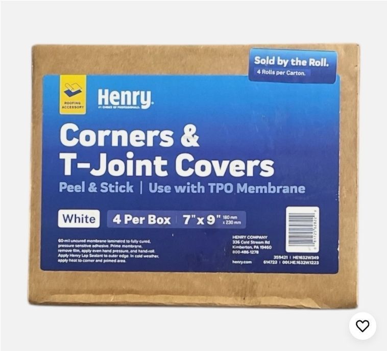 lot 30250 image: Pack of 2 ,Henry 7 x 9 Single-Ply Self-adhering Roofing Corners & T-Joint Covers.(4 Ct) - Retail $140