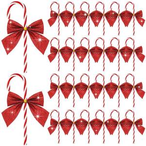 lot 514 image: 25 Pcs Christmas Glitter Candy Cane Ornaments with Bows Plastic Sparking Candy Cane Decoration Christmas Tree Hanging Ornaments Crafts for Xmas Tree Holiday Festive Party Supplies Home (Red)