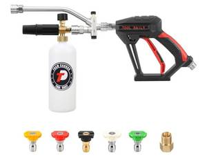 lot 515 image: Tool Daily Short Pressure Washer Gun with Foam Cannon, Dual Connector Accessory, 14 Inch Quick Connect, 5 Spray Nozzle Tips, 1 Liter