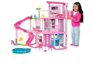lot 2066 image: Barbie Dreamhouse Pool Party Dollhouse and Playset with 75 Pieces, 45 in, Slide & Puppy Elevator - Retail $179