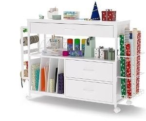 lot 2078 image: Wrapping Paper Storage & Organizer, Craft Cart with Ribbon & Gift Bag Storage, Wrapping Paper Organizer Holder(3 Wooden Drawers- Oak) - Retail $120