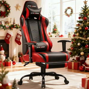 lot 2081 image: Gaming Chair Ergonomic Office Desk Chair with Lumbar Support  PU Leather  Footrest & Adjustable Headrest  Red - Retail $140