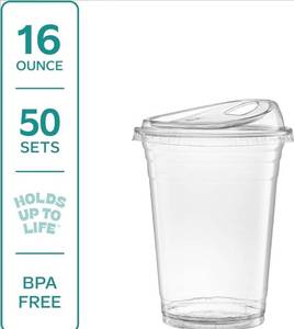 lot 31793 image: Gusto Sip 16oz Clear Plastic Cups with Lids - 50 Sets