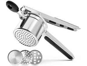 lot 31813 image: Potato Maher 12oz, Heavy Duty Stainless Steel Potato Ricer with 3 Interchangeable Fineness Discs, Press and Mash Kitchen Gadget (Silicone handle)