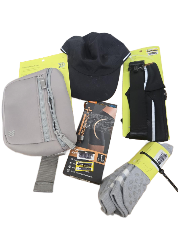 lot 23366 image: Sports Accessories Bundle - Waist Pack, Compression Sleeve, Cap, Smartphone Waist Bag, and Grip Socks