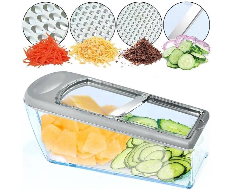lot 23594 image: LHS Mandoline Slicer, 4 Sharp Stainless Steel Blades with Food Storage Container Kitchen Tools for Cheese, Chocolate, Vegetables & Fruits - Dishwasher Safe (grey)