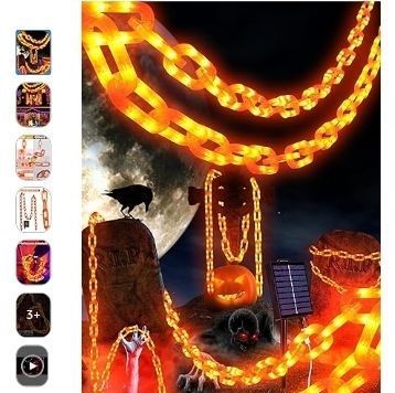 lot 30281 image: Solar Halloween Decorations Outdoor String Lights - 10 Ft 160 LED Plastic Chain String Lights with Waterproof, 8 Lighting Modes Function US Patent Product (Orange)