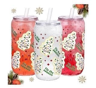 lot 30307 image: 16 Pack Christmas Tree Plastic Cups - 16oz Can Shaped Drinking Glasses with 32PCS Lids and 16PCS Straws