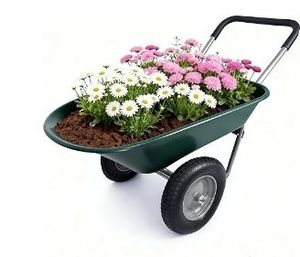 lot 2086 image: Elevon Wheelbarrow Garden Cart, Heavy Duty Home Utility, Dual-Wheel Home Garden Yard Utility Wheelbarrow Cart with Built-in Stand, Green - Retail $114