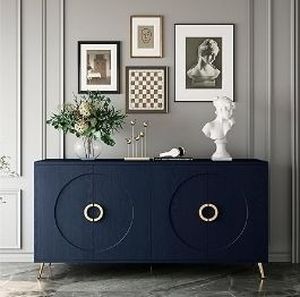 lot 2095 image: Modern Wood 4 Doors Sideboard Buffet Cabinet & Adjustable Shelf, Hallway Cupboard Console Table, Sideboard TV Stand for Dining Room, Office, Entryway, Hallway (Navy Blue 60 Inch) - Retail $240