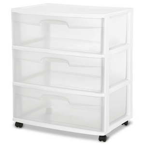 lot 2102 image: Sterilite Wide 3 Drawer Cart  Clear Plastic Storage Drawers  Wheels Included  White