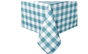 lot 2117 image: Hiasan Buffalo Plaid Tablecloth Rectangle, 54 x 80 Inches - Waterproof & Washable Polyester Fabric Checkered Table Cover for Dining, Outdoor Picnic and Party (Turquoise and White)