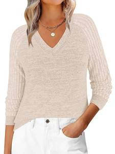 lot 9054 image: Womens V Neck Ribbed Long Sleeve 2025 Fall Lightweight Soft Sweaters Top Parchment-Large