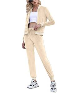 lot 9072 image: Womens Velour Tracksuit Set Long Sleeve Full Zipper Sweatsuit Casual Jogging Suits Workout Pants Apricot -X-Large