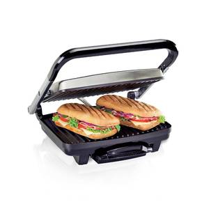 lot 31831 image: Hamilton Beach Panini Press, Sandwich Maker & Electric Indoor Grill, Upright Storage, PFAS-Free Nonstick Easy Clean Grids, Stainless Steel (25410)