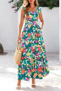 lot 610 image: 2025 Womens Summer Boho Floral Maxi Dress with Pockets - A-Line Smocked Tiered Ruffle Sleeveless Beach Sun Dress LARGE