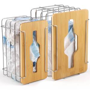 lot 618 image: YAFFWA 2 Pack Trash Grocery Bag Holder Wall Mounted Design, Silver Extra Large Plastic Garbage Bag Dispenser Holder with Bamboo Lid, Kitchen Organizers and Storage Container Under Sink Large Capacity
