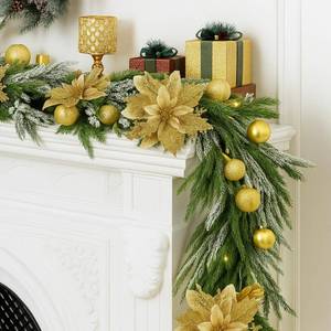 lot 633 image: VIHOSE 6 ft Christmas Flocked Norfolk Pine Garland, Luxury Real Touch Garland with Lights, Glitter Gold Poinsettia, Bows &amp Balls, Battery Operated Prelit for Xmas Mantel Stair Railing Home Decor&nbsp
