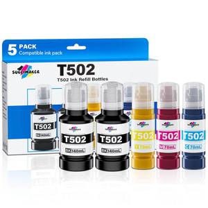lot 639 image: T502 Ink Refill Bottles (NotSublimation Ink) for Eco Tank ET-3760 ET-2850 ET-3850 ET-2760 ET-15000 ET-4850 ET-4760 ET-2750 ET-3750 ET-3830 Printers, Compatible Replacement for Epson T502 (5 Packs)