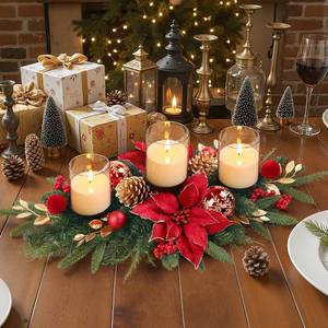 lot 641 image: Alupssuc 28 Christmas Centerpiece with 3 Candle Holders Trays,Dining Table Decoration with Baubles, Pine Cones, Red Berries, Spruce Branches, Flower for Indoor Home Party Table Holiday Decor, 2 Pcs - Retail $60