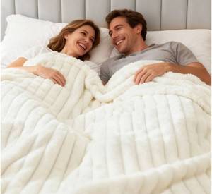 lot 671 image: EMONIA White Fleece Blanket for Bed, 320GSM Super Soft Cozy Blankets and Throws, Decorative Throw Blankets for Women Men Gifts, Throws with Stripes for Sofa Bed Decor&nbsp
