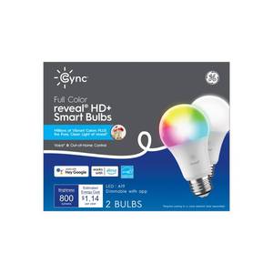 lot 2148 image: GE 2pk CYNC Reveal Smart A21 LED Light Bulbs Full Color Voice Control, Energy Star, Alexa & Google Assistant Compatible