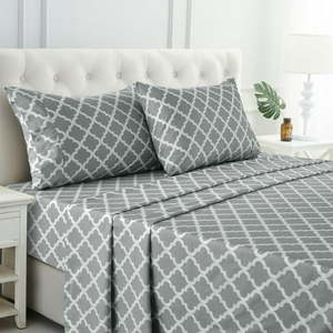 lot 2198 image: Lux Decor Collection Size Bed Sheets Set  4 Piece Microfiber Deep Pocket Fitted Sheet  Flat Sheet Pillowcases Bedding Sheets Set - Gray White