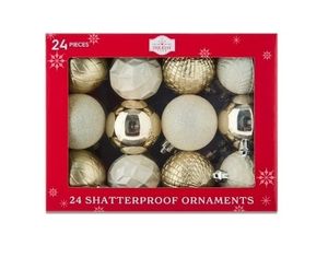 lot 2216 image: 24-Count Champagne, Cream, and White Shatterproof Multi-Textured Christmas Ornaments, 2.36 in, by Holiday Time