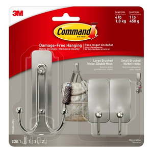 lot 2224 image: Command Large Double and Small Hooks  Brushed Nickel  1 Large Double Wall Hook  2 Small Wall Hooks