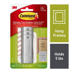 lot 2227 image: Command Universal Picture Hanger  Holds 5 lbs  3 Hangers  6 Adhesive Strips